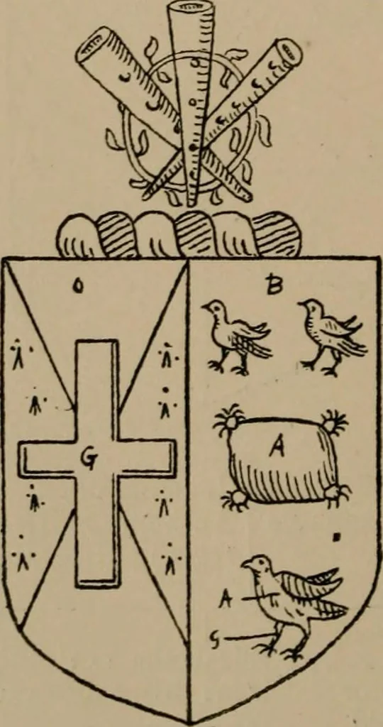 An illustration from The four visitations of Berkshire made and taken by Thomas Benolte, Clarnceuc, anno 1532; by William Harvey, Clarnceux, anno 1566; by Henry Chiting, Chester herald, and John Philipott, Rouge dragon, for William Camden, Clarenceux, anno 1623; and by Elias Ashmole, Windsor herald, for Sir Edward Bysshe, Clarenceux, anno 1665-66, 1907, leaf 138