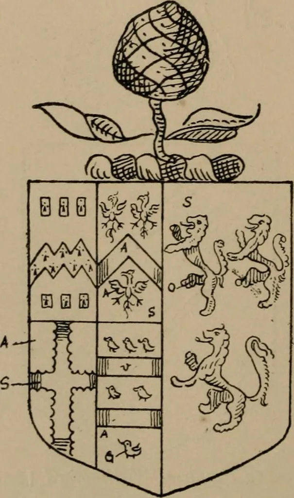An illustration from The four visitations of Berkshire made and taken by Thomas Benolte, Clarnceuc, anno 1532; by William Harvey, Clarnceux, anno 1566; by Henry Chiting, Chester herald, and John Philipott, Rouge dragon, for William Camden, Clarenceux, anno 1623; and by Elias Ashmole, Windsor herald, for Sir Edward Bysshe, Clarenceux, anno 1665-66, 1907, leaf 140