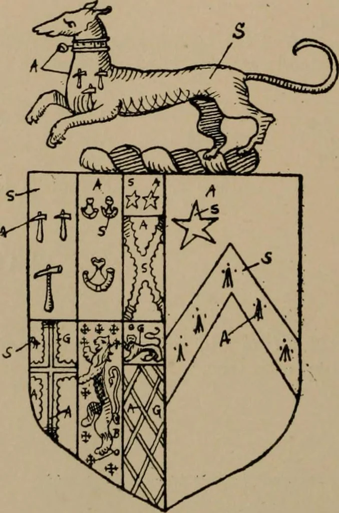 An illustration from The four visitations of Berkshire made and taken by Thomas Benolte, Clarnceuc, anno 1532; by William Harvey, Clarnceux, anno 1566; by Henry Chiting, Chester herald, and John Philipott, Rouge dragon, for William Camden, Clarenceux, anno 1623; and by Elias Ashmole, Windsor herald, for Sir Edward Bysshe, Clarenceux, anno 1665-66, 1907, leaf 142