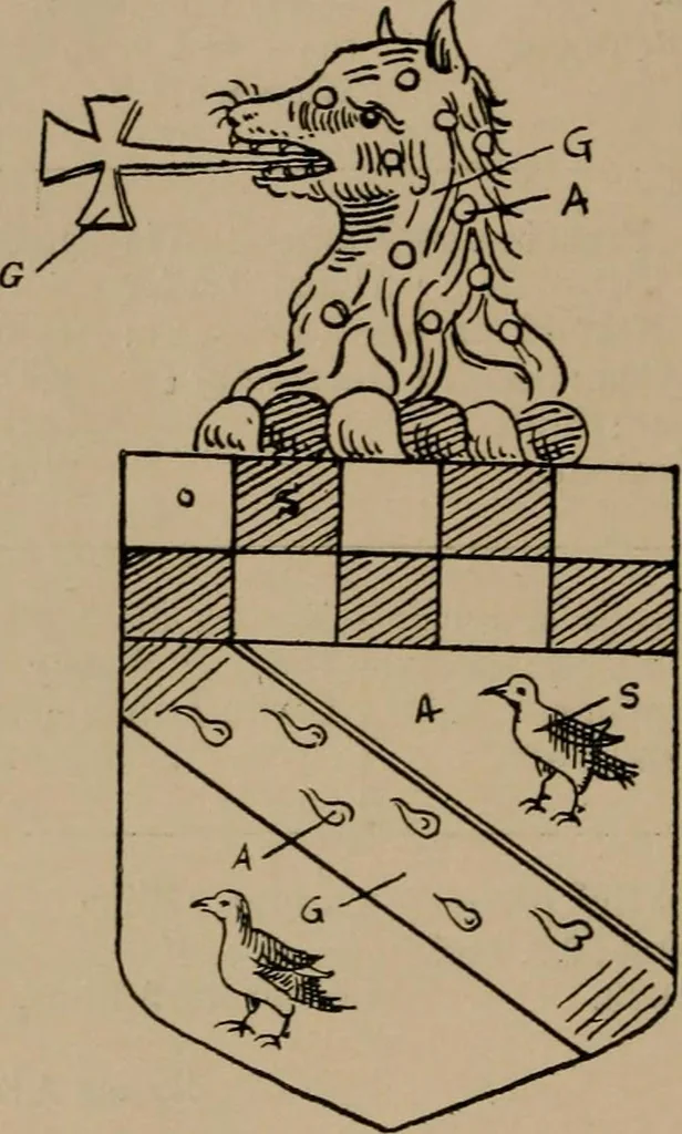 An illustration from The four visitations of Berkshire made and taken by Thomas Benolte, Clarnceuc, anno 1532; by William Harvey, Clarnceux, anno 1566; by Henry Chiting, Chester herald, and John Philipott, Rouge dragon, for William Camden, Clarenceux, anno 1623; and by Elias Ashmole, Windsor herald, for Sir Edward Bysshe, Clarenceux, anno 1665-66, 1907, leaf 144