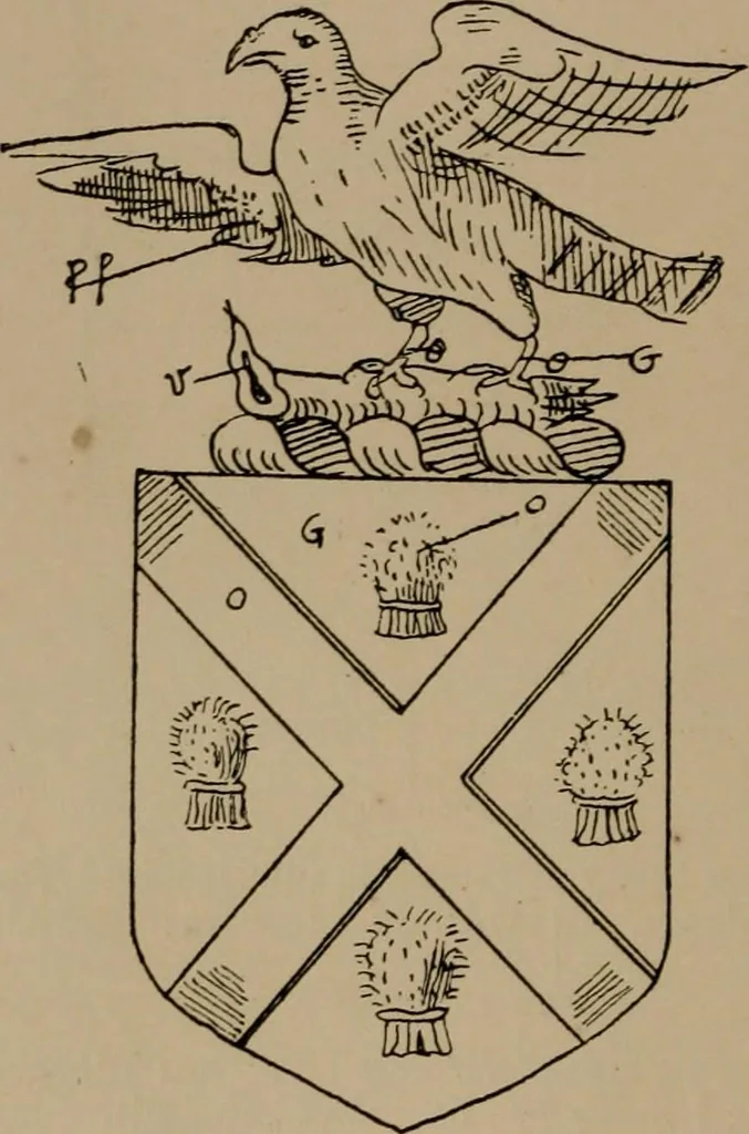 An illustration from The four visitations of Berkshire made and taken by Thomas Benolte, Clarnceuc, anno 1532; by William Harvey, Clarnceux, anno 1566; by Henry Chiting, Chester herald, and John Philipott, Rouge dragon, for William Camden, Clarenceux, anno 1623; and by Elias Ashmole, Windsor herald, for Sir Edward Bysshe, Clarenceux, anno 1665-66, 1907, leaf 146