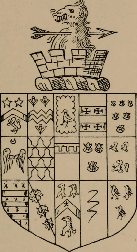 An illustration from The four visitations of Berkshire made and taken by Thomas Benolte, Clarnceuc, anno 1532; by William Harvey, Clarnceux, anno 1566; by Henry Chiting, Chester herald, and John Philipott, Rouge dragon, for William Camden, Clarenceux, anno 1623; and by Elias Ashmole, Windsor herald, for Sir Edward Bysshe, Clarenceux, anno 1665-66, 1907, leaf 149