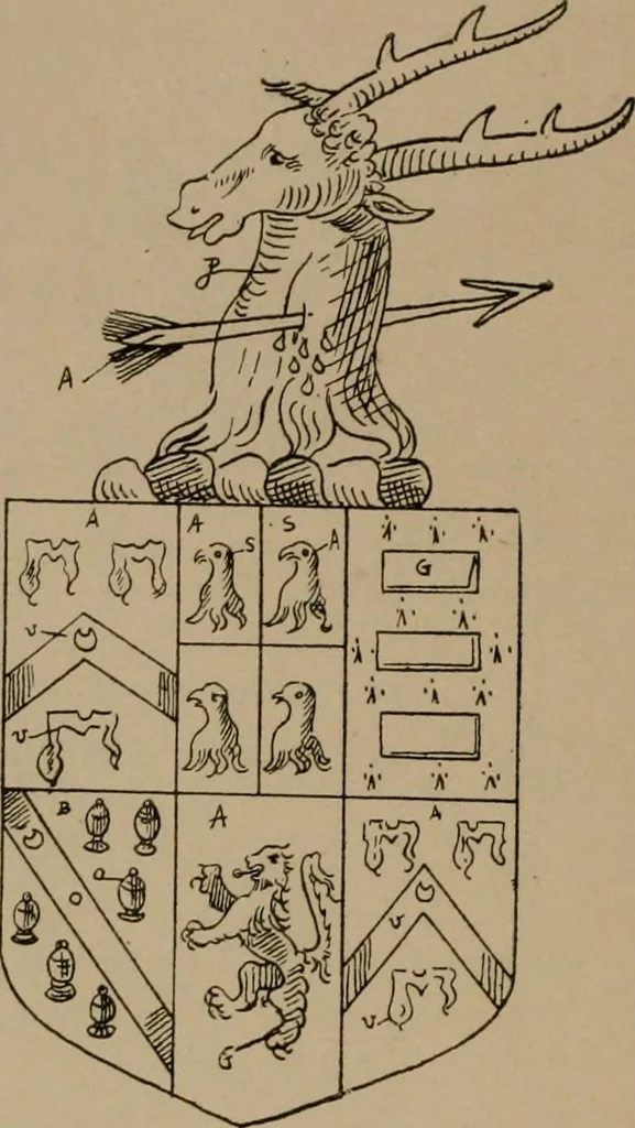 An illustration from The four visitations of Berkshire made and taken by Thomas Benolte, Clarnceuc, anno 1532; by William Harvey, Clarnceux, anno 1566; by Henry Chiting, Chester herald, and John Philipott, Rouge dragon, for William Camden, Clarenceux, anno 1623; and by Elias Ashmole, Windsor herald, for Sir Edward Bysshe, Clarenceux, anno 1665-66, 1907, leaf 152