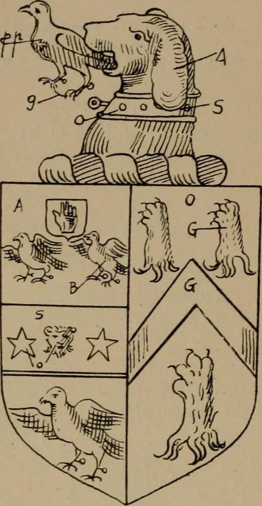 An illustration from The four visitations of Berkshire made and taken by Thomas Benolte, Clarnceuc, anno 1532; by William Harvey, Clarnceux, anno 1566; by Henry Chiting, Chester herald, and John Philipott, Rouge dragon, for William Camden, Clarenceux, anno 1623; and by Elias Ashmole, Windsor herald, for Sir Edward Bysshe, Clarenceux, anno 1665-66, 1907, leaf 154