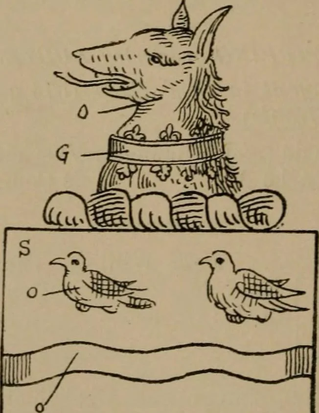 An illustration from The four visitations of Berkshire made and taken by Thomas Benolte, Clarnceuc, anno 1532; by William Harvey, Clarnceux, anno 1566; by Henry Chiting, Chester herald, and John Philipott, Rouge dragon, for William Camden, Clarenceux, anno 1623; and by Elias Ashmole, Windsor herald, for Sir Edward Bysshe, Clarenceux, anno 1665-66, 1907, leaf 156