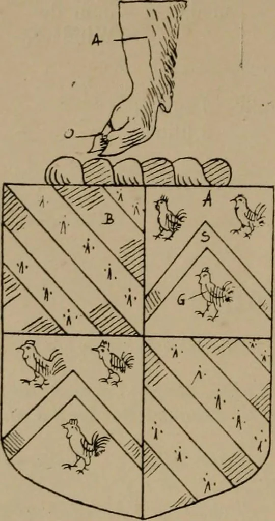 An illustration from The four visitations of Berkshire made and taken by Thomas Benolte, Clarnceuc, anno 1532; by William Harvey, Clarnceux, anno 1566; by Henry Chiting, Chester herald, and John Philipott, Rouge dragon, for William Camden, Clarenceux, anno 1623; and by Elias Ashmole, Windsor herald, for Sir Edward Bysshe, Clarenceux, anno 1665-66, 1907, leaf 158