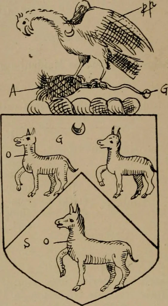 An illustration from The four visitations of Berkshire made and taken by Thomas Benolte, Clarnceuc, anno 1532; by William Harvey, Clarnceux, anno 1566; by Henry Chiting, Chester herald, and John Philipott, Rouge dragon, for William Camden, Clarenceux, anno 1623; and by Elias Ashmole, Windsor herald, for Sir Edward Bysshe, Clarenceux, anno 1665-66, 1907, leaf 160