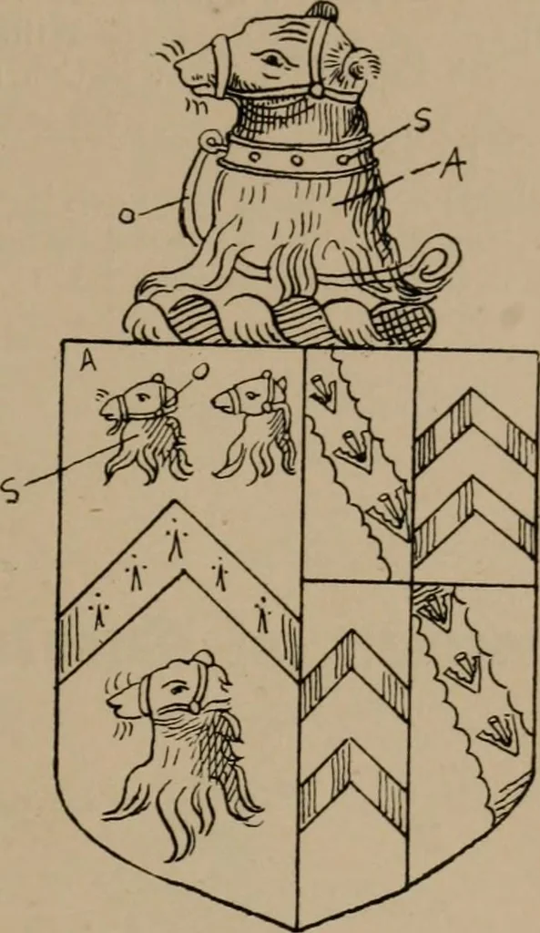 An illustration from The four visitations of Berkshire made and taken by Thomas Benolte, Clarnceuc, anno 1532; by William Harvey, Clarnceux, anno 1566; by Henry Chiting, Chester herald, and John Philipott, Rouge dragon, for William Camden, Clarenceux, anno 1623; and by Elias Ashmole, Windsor herald, for Sir Edward Bysshe, Clarenceux, anno 1665-66, 1907, leaf 165