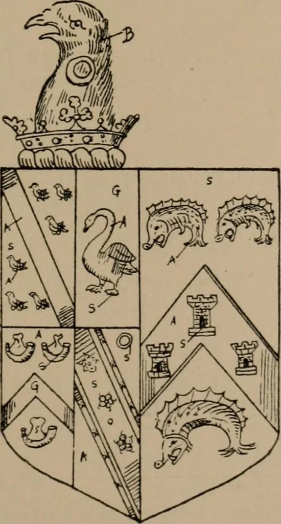 An illustration from The four visitations of Berkshire made and taken by Thomas Benolte, Clarnceuc, anno 1532; by William Harvey, Clarnceux, anno 1566; by Henry Chiting, Chester herald, and John Philipott, Rouge dragon, for William Camden, Clarenceux, anno 1623; and by Elias Ashmole, Windsor herald, for Sir Edward Bysshe, Clarenceux, anno 1665-66, 1907, leaf 167