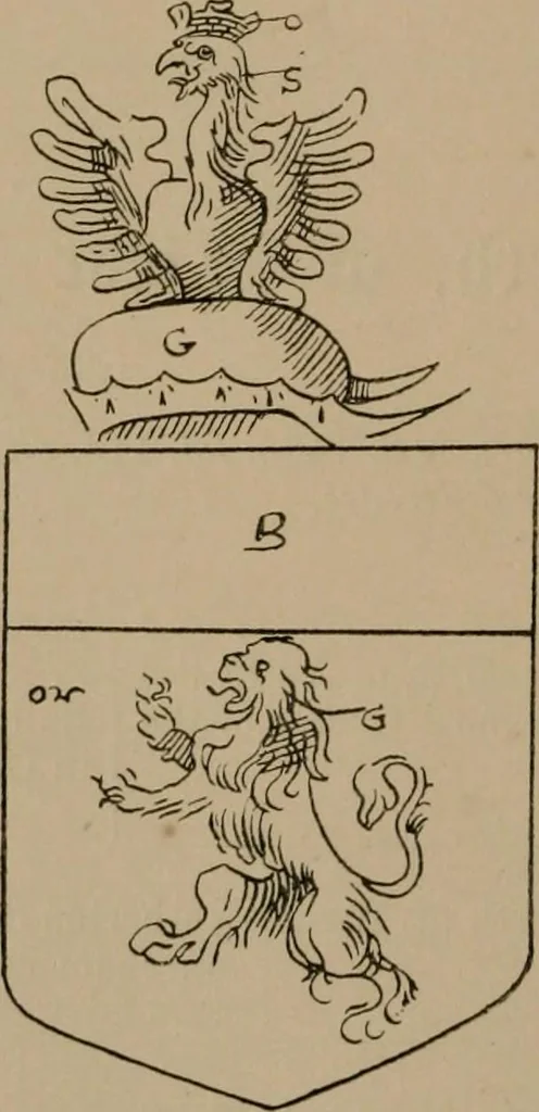 An illustration from The four visitations of Berkshire made and taken by Thomas Benolte, Clarnceuc, anno 1532; by William Harvey, Clarnceux, anno 1566; by Henry Chiting, Chester herald, and John Philipott, Rouge dragon, for William Camden, Clarenceux, anno 1623; and by Elias Ashmole, Windsor herald, for Sir Edward Bysshe, Clarenceux, anno 1665-66, 1907, leaf 180