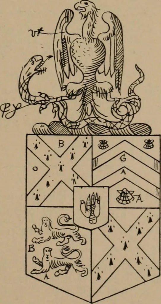 An illustration from The four visitations of Berkshire made and taken by Thomas Benolte, Clarnceuc, anno 1532; by William Harvey, Clarnceux, anno 1566; by Henry Chiting, Chester herald, and John Philipott, Rouge dragon, for William Camden, Clarenceux, anno 1623; and by Elias Ashmole, Windsor herald, for Sir Edward Bysshe, Clarenceux, anno 1665-66, 1907, leaf 181