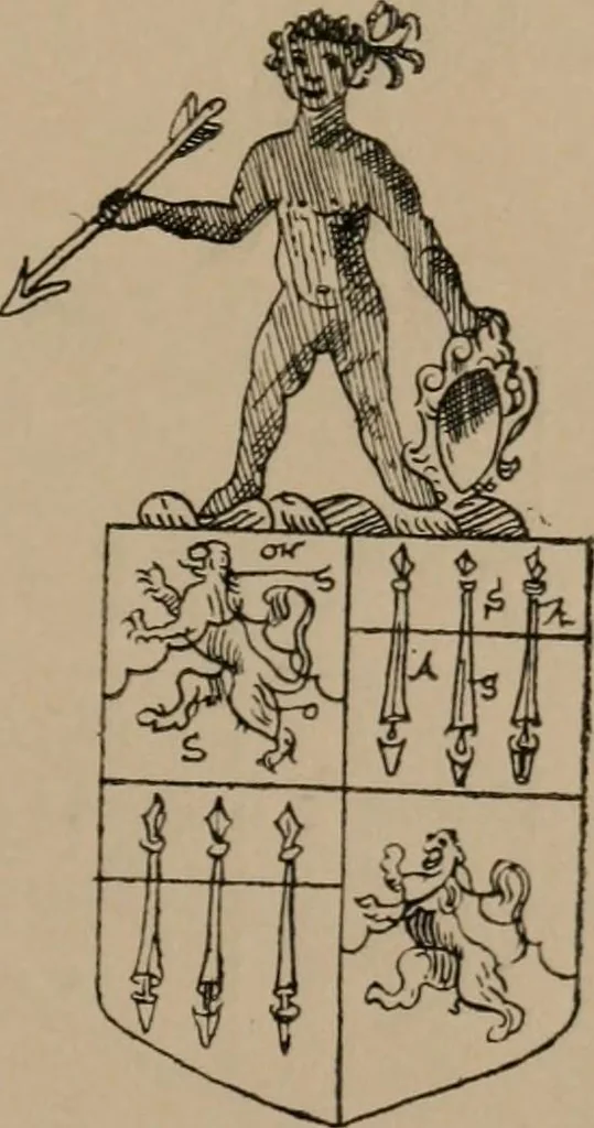 An illustration from The four visitations of Berkshire made and taken by Thomas Benolte, Clarnceuc, anno 1532; by William Harvey, Clarnceux, anno 1566; by Henry Chiting, Chester herald, and John Philipott, Rouge dragon, for William Camden, Clarenceux, anno 1623; and by Elias Ashmole, Windsor herald, for Sir Edward Bysshe, Clarenceux, anno 1665-66, 1907, leaf 185