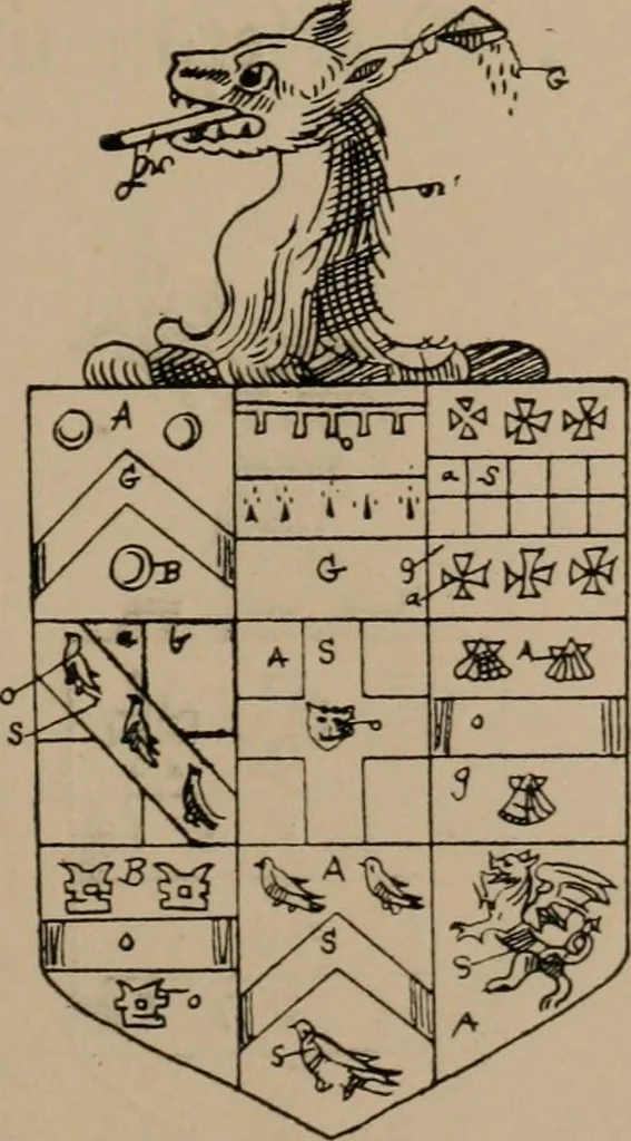 An illustration from The four visitations of Berkshire made and taken by Thomas Benolte, Clarnceuc, anno 1532; by William Harvey, Clarnceux, anno 1566; by Henry Chiting, Chester herald, and John Philipott, Rouge dragon, for William Camden, Clarenceux, anno 1623; and by Elias Ashmole, Windsor herald, for Sir Edward Bysshe, Clarenceux, anno 1665-66, 1907, leaf 189
