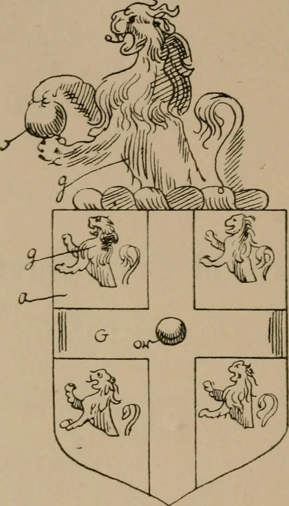 An illustration from The four visitations of Berkshire made and taken by Thomas Benolte, Clarnceuc, anno 1532; by William Harvey, Clarnceux, anno 1566; by Henry Chiting, Chester herald, and John Philipott, Rouge dragon, for William Camden, Clarenceux, anno 1623; and by Elias Ashmole, Windsor herald, for Sir Edward Bysshe, Clarenceux, anno 1665-66, 1907, leaf 192