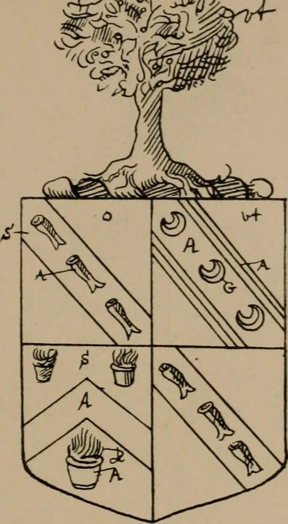 An illustration from The four visitations of Berkshire made and taken by Thomas Benolte, Clarnceuc, anno 1532; by William Harvey, Clarnceux, anno 1566; by Henry Chiting, Chester herald, and John Philipott, Rouge dragon, for William Camden, Clarenceux, anno 1623; and by Elias Ashmole, Windsor herald, for Sir Edward Bysshe, Clarenceux, anno 1665-66, 1907, leaf 195