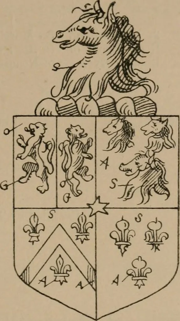 An illustration from The four visitations of Berkshire made and taken by Thomas Benolte, Clarnceuc, anno 1532; by William Harvey, Clarnceux, anno 1566; by Henry Chiting, Chester herald, and John Philipott, Rouge dragon, for William Camden, Clarenceux, anno 1623; and by Elias Ashmole, Windsor herald, for Sir Edward Bysshe, Clarenceux, anno 1665-66, 1907, leaf 197