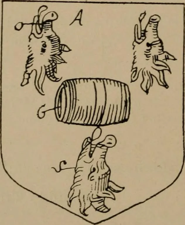 An illustration from The four visitations of Berkshire made and taken by Thomas Benolte, Clarnceuc, anno 1532; by William Harvey, Clarnceux, anno 1566; by Henry Chiting, Chester herald, and John Philipott, Rouge dragon, for William Camden, Clarenceux, anno 1623; and by Elias Ashmole, Windsor herald, for Sir Edward Bysshe, Clarenceux, anno 1665-66, 1907, leaf 198