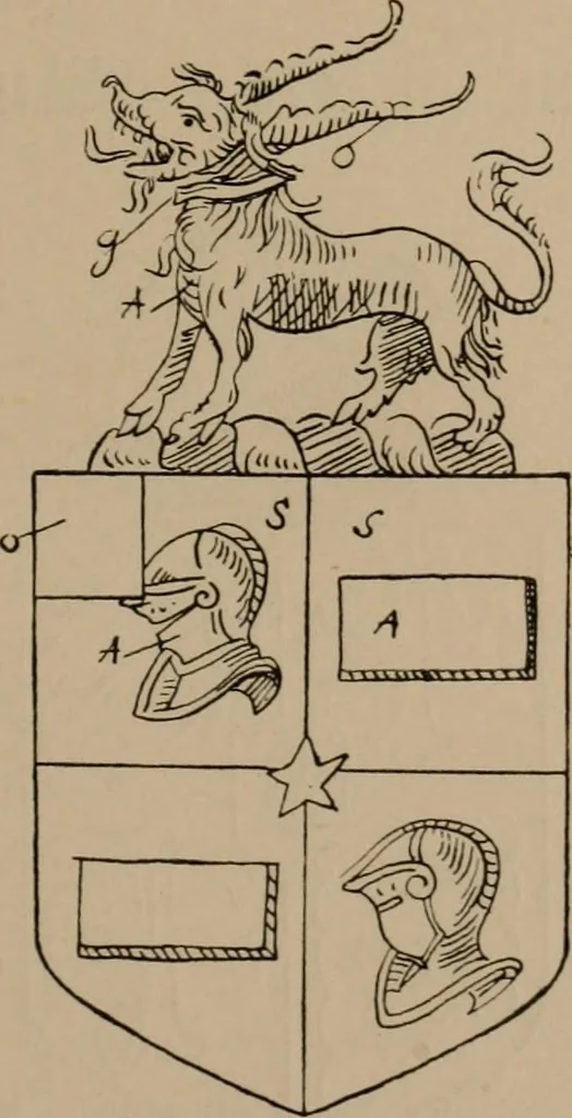 An illustration from The four visitations of Berkshire made and taken by Thomas Benolte, Clarnceuc, anno 1532; by William Harvey, Clarnceux, anno 1566; by Henry Chiting, Chester herald, and John Philipott, Rouge dragon, for William Camden, Clarenceux, anno 1623; and by Elias Ashmole, Windsor herald, for Sir Edward Bysshe, Clarenceux, anno 1665-66, 1907, leaf 199