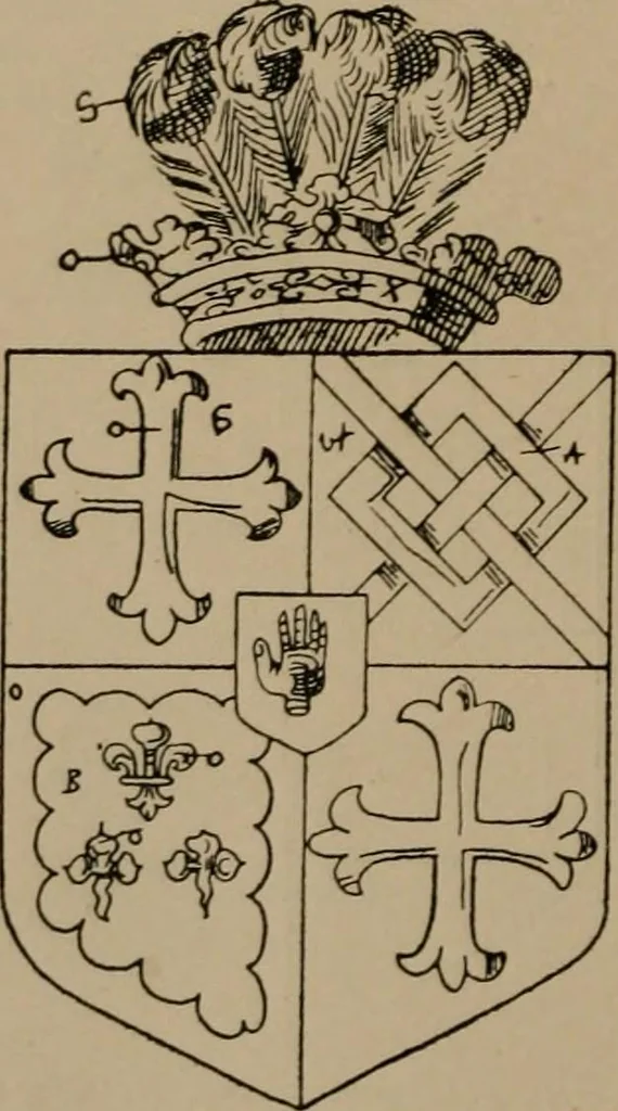An illustration from The four visitations of Berkshire made and taken by Thomas Benolte, Clarnceuc, anno 1532; by William Harvey, Clarnceux, anno 1566; by Henry Chiting, Chester herald, and John Philipott, Rouge dragon, for William Camden, Clarenceux, anno 1623; and by Elias Ashmole, Windsor herald, for Sir Edward Bysshe, Clarenceux, anno 1665-66, 1907, leaf 200
