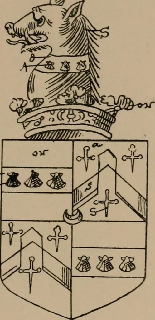 An illustration from The four visitations of Berkshire made and taken by Thomas Benolte, Clarnceuc, anno 1532; by William Harvey, Clarnceux, anno 1566; by Henry Chiting, Chester herald, and John Philipott, Rouge dragon, for William Camden, Clarenceux, anno 1623; and by Elias Ashmole, Windsor herald, for Sir Edward Bysshe, Clarenceux, anno 1665-66, 1907, leaf 203