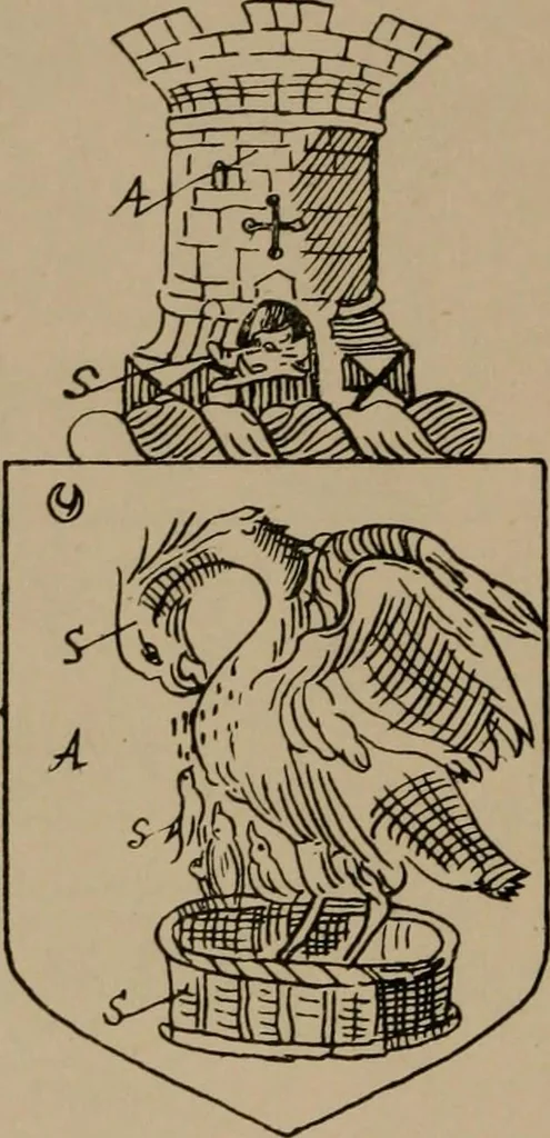 An illustration from The four visitations of Berkshire made and taken by Thomas Benolte, Clarnceuc, anno 1532; by William Harvey, Clarnceux, anno 1566; by Henry Chiting, Chester herald, and John Philipott, Rouge dragon, for William Camden, Clarenceux, anno 1623; and by Elias Ashmole, Windsor herald, for Sir Edward Bysshe, Clarenceux, anno 1665-66, 1907, leaf 204
