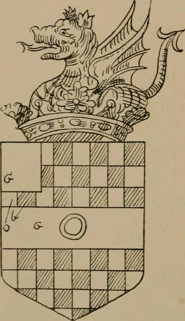 An illustration from The four visitations of Berkshire made and taken by Thomas Benolte, Clarnceuc, anno 1532; by William Harvey, Clarnceux, anno 1566; by Henry Chiting, Chester herald, and John Philipott, Rouge dragon, for William Camden, Clarenceux, anno 1623; and by Elias Ashmole, Windsor herald, for Sir Edward Bysshe, Clarenceux, anno 1665-66, 1907, leaf 208