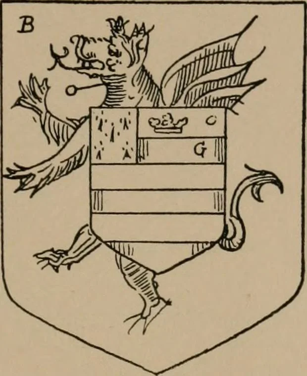 An illustration from The four visitations of Berkshire made and taken by Thomas Benolte, Clarnceuc, anno 1532; by William Harvey, Clarnceux, anno 1566; by Henry Chiting, Chester herald, and John Philipott, Rouge dragon, for William Camden, Clarenceux, anno 1623; and by Elias Ashmole, Windsor herald, for Sir Edward Bysshe, Clarenceux, anno 1665-66, 1907, leaf 213