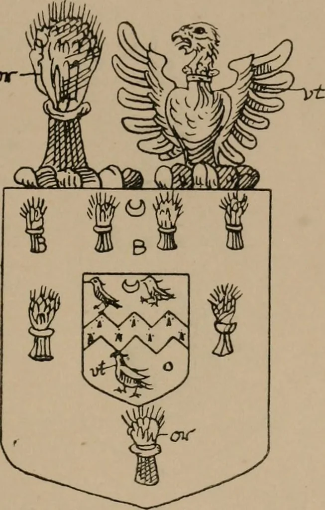 An illustration from The four visitations of Berkshire made and taken by Thomas Benolte, Clarnceuc, anno 1532; by William Harvey, Clarnceux, anno 1566; by Henry Chiting, Chester herald, and John Philipott, Rouge dragon, for William Camden, Clarenceux, anno 1623; and by Elias Ashmole, Windsor herald, for Sir Edward Bysshe, Clarenceux, anno 1665-66, 1907, leaf 215