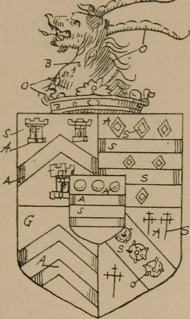 An illustration from The four visitations of Berkshire made and taken by Thomas Benolte, Clarnceuc, anno 1532; by William Harvey, Clarnceux, anno 1566; by Henry Chiting, Chester herald, and John Philipott, Rouge dragon, for William Camden, Clarenceux, anno 1623; and by Elias Ashmole, Windsor herald, for Sir Edward Bysshe, Clarenceux, anno 1665-66, 1907, leaf 219