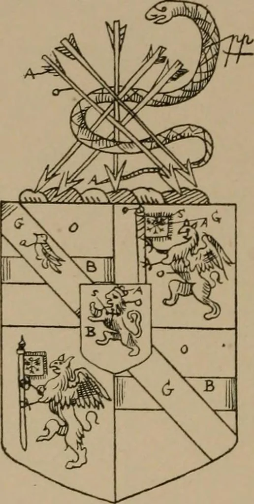 An illustration from The four visitations of Berkshire made and taken by Thomas Benolte, Clarnceuc, anno 1532; by William Harvey, Clarnceux, anno 1566; by Henry Chiting, Chester herald, and John Philipott, Rouge dragon, for William Camden, Clarenceux, anno 1623; and by Elias Ashmole, Windsor herald, for Sir Edward Bysshe, Clarenceux, anno 1665-66, 1907, leaf 220