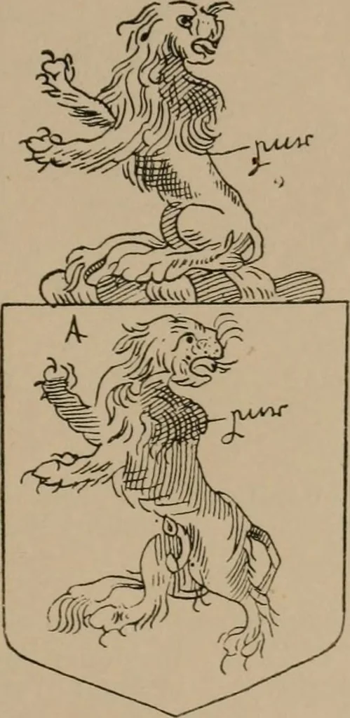 An illustration from The four visitations of Berkshire made and taken by Thomas Benolte, Clarnceuc, anno 1532; by William Harvey, Clarnceux, anno 1566; by Henry Chiting, Chester herald, and John Philipott, Rouge dragon, for William Camden, Clarenceux, anno 1623; and by Elias Ashmole, Windsor herald, for Sir Edward Bysshe, Clarenceux, anno 1665-66, 1907, leaf 221