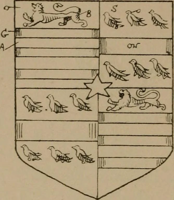 An illustration from The four visitations of Berkshire made and taken by Thomas Benolte, Clarnceuc, anno 1532; by William Harvey, Clarnceux, anno 1566; by Henry Chiting, Chester herald, and John Philipott, Rouge dragon, for William Camden, Clarenceux, anno 1623; and by Elias Ashmole, Windsor herald, for Sir Edward Bysshe, Clarenceux, anno 1665-66, 1907, leaf 222