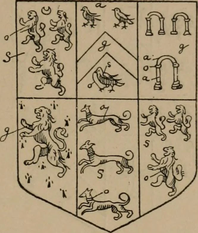 An illustration from The four visitations of Berkshire made and taken by Thomas Benolte, Clarnceuc, anno 1532; by William Harvey, Clarnceux, anno 1566; by Henry Chiting, Chester herald, and John Philipott, Rouge dragon, for William Camden, Clarenceux, anno 1623; and by Elias Ashmole, Windsor herald, for Sir Edward Bysshe, Clarenceux, anno 1665-66, 1907, leaf 223