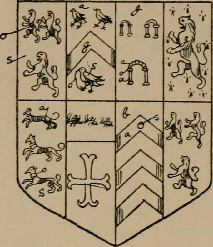 An illustration from The four visitations of Berkshire made and taken by Thomas Benolte, Clarnceuc, anno 1532; by William Harvey, Clarnceux, anno 1566; by Henry Chiting, Chester herald, and John Philipott, Rouge dragon, for William Camden, Clarenceux, anno 1623; and by Elias Ashmole, Windsor herald, for Sir Edward Bysshe, Clarenceux, anno 1665-66, 1907, leaf 224
