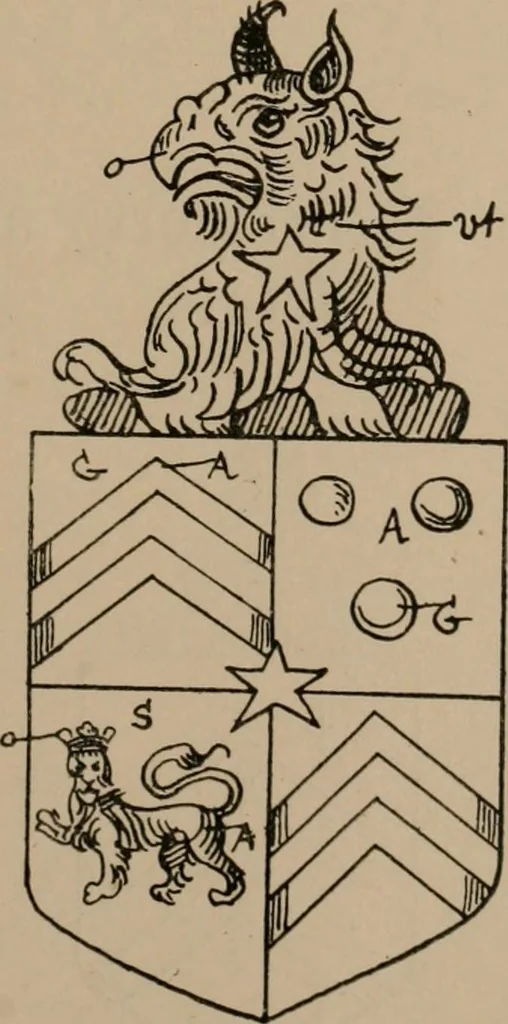 An illustration from The four visitations of Berkshire made and taken by Thomas Benolte, Clarnceuc, anno 1532; by William Harvey, Clarnceux, anno 1566; by Henry Chiting, Chester herald, and John Philipott, Rouge dragon, for William Camden, Clarenceux, anno 1623; and by Elias Ashmole, Windsor herald, for Sir Edward Bysshe, Clarenceux, anno 1665-66, 1907, leaf 225