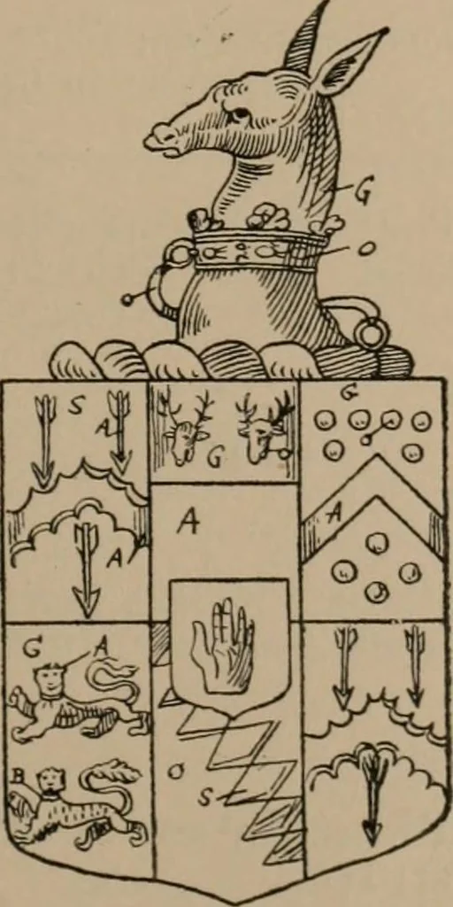 An illustration from The four visitations of Berkshire made and taken by Thomas Benolte, Clarnceuc, anno 1532; by William Harvey, Clarnceux, anno 1566; by Henry Chiting, Chester herald, and John Philipott, Rouge dragon, for William Camden, Clarenceux, anno 1623; and by Elias Ashmole, Windsor herald, for Sir Edward Bysshe, Clarenceux, anno 1665-66, 1907, leaf 229