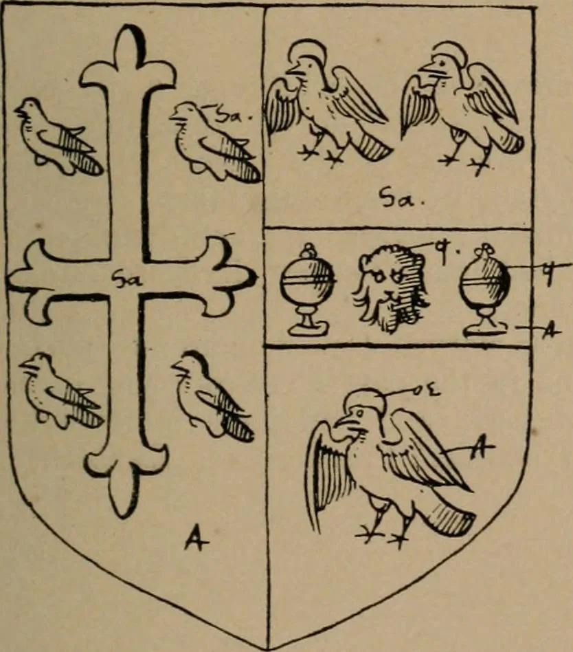 An illustration from The four visitations of Berkshire made and taken by Thomas Benolte, Clarnceuc, anno 1532; by William Harvey, Clarnceux, anno 1566; by Henry Chiting, Chester herald, and John Philipott, Rouge dragon, for William Camden, Clarenceux, anno 1623; and by Elias Ashmole, Windsor herald, for Sir Edward Bysshe, Clarenceux, anno 1665-66, 1907, leaf 23