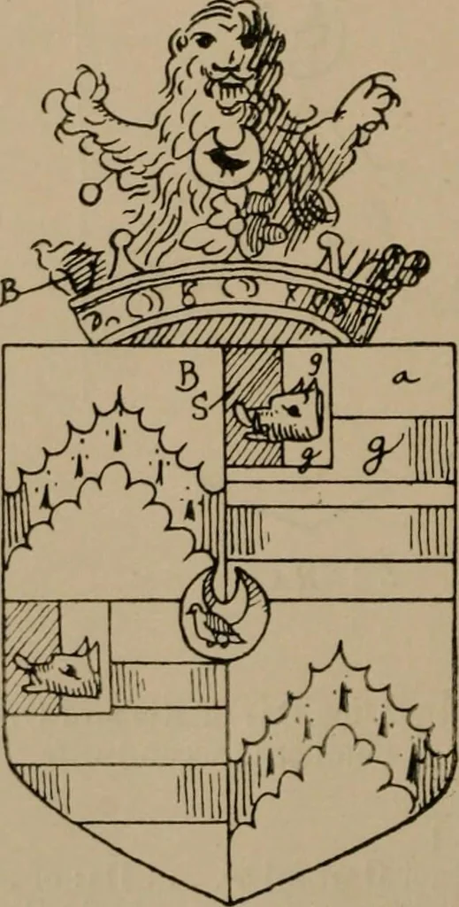 An illustration from The four visitations of Berkshire made and taken by Thomas Benolte, Clarnceuc, anno 1532; by William Harvey, Clarnceux, anno 1566; by Henry Chiting, Chester herald, and John Philipott, Rouge dragon, for William Camden, Clarenceux, anno 1623; and by Elias Ashmole, Windsor herald, for Sir Edward Bysshe, Clarenceux, anno 1665-66, 1907, leaf 234