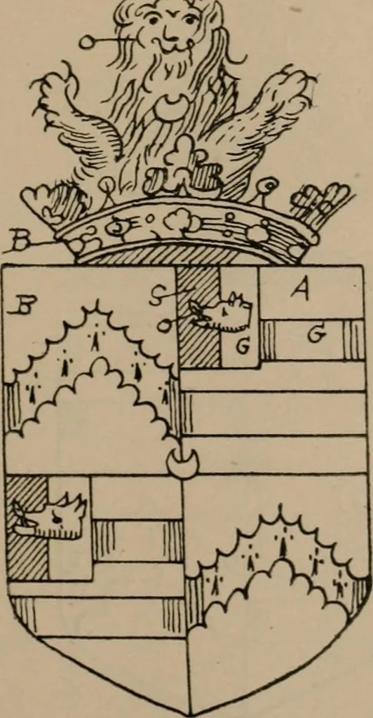 An illustration from The four visitations of Berkshire made and taken by Thomas Benolte, Clarnceuc, anno 1532; by William Harvey, Clarnceux, anno 1566; by Henry Chiting, Chester herald, and John Philipott, Rouge dragon, for William Camden, Clarenceux, anno 1623; and by Elias Ashmole, Windsor herald, for Sir Edward Bysshe, Clarenceux, anno 1665-66, 1907, leaf 235