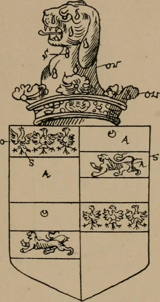 An illustration from The four visitations of Berkshire made and taken by Thomas Benolte, Clarnceuc, anno 1532; by William Harvey, Clarnceux, anno 1566; by Henry Chiting, Chester herald, and John Philipott, Rouge dragon, for William Camden, Clarenceux, anno 1623; and by Elias Ashmole, Windsor herald, for Sir Edward Bysshe, Clarenceux, anno 1665-66, 1907, leaf 241
