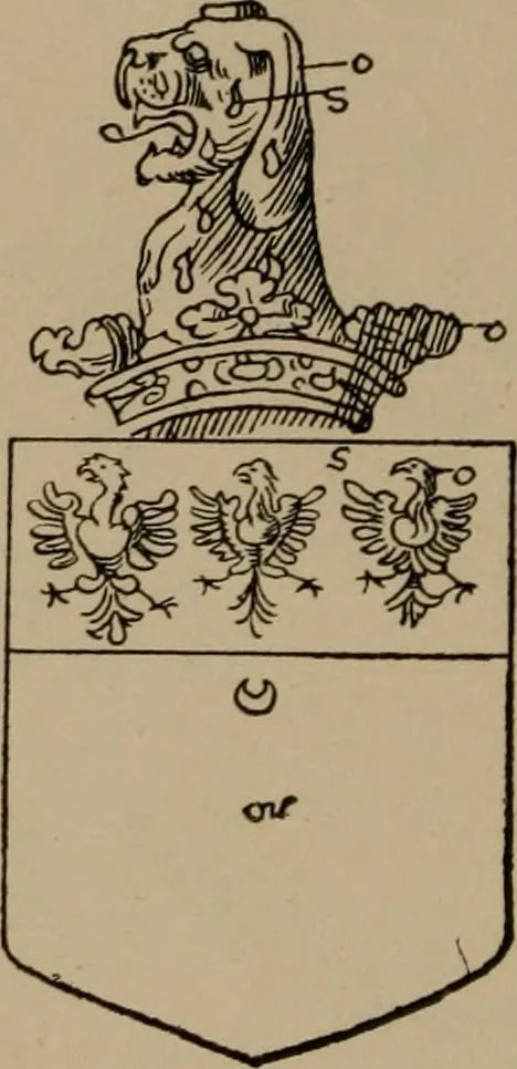 An illustration from The four visitations of Berkshire made and taken by Thomas Benolte, Clarnceuc, anno 1532; by William Harvey, Clarnceux, anno 1566; by Henry Chiting, Chester herald, and John Philipott, Rouge dragon, for William Camden, Clarenceux, anno 1623; and by Elias Ashmole, Windsor herald, for Sir Edward Bysshe, Clarenceux, anno 1665-66, 1907, leaf 242