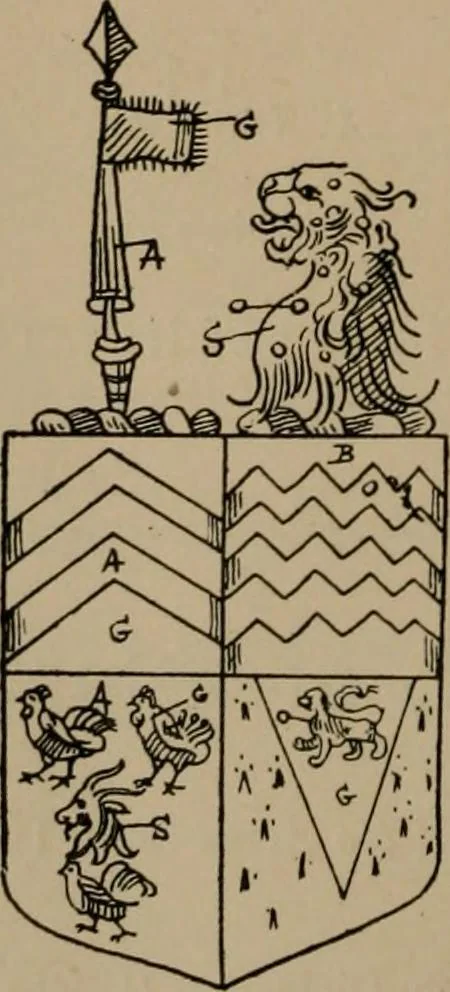 An illustration from The four visitations of Berkshire made and taken by Thomas Benolte, Clarnceuc, anno 1532; by William Harvey, Clarnceux, anno 1566; by Henry Chiting, Chester herald, and John Philipott, Rouge dragon, for William Camden, Clarenceux, anno 1623; and by Elias Ashmole, Windsor herald, for Sir Edward Bysshe, Clarenceux, anno 1665-66, 1907, leaf 254
