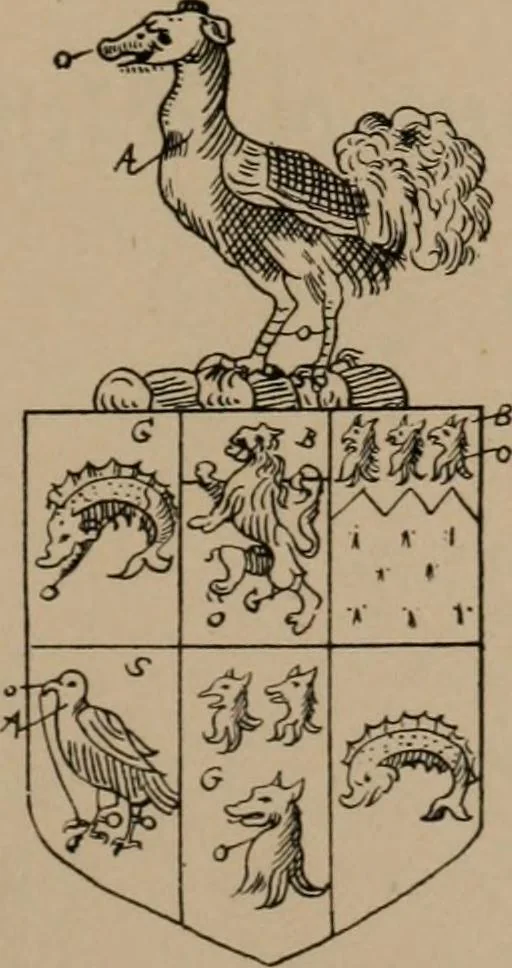 An illustration from The four visitations of Berkshire made and taken by Thomas Benolte, Clarnceuc, anno 1532; by William Harvey, Clarnceux, anno 1566; by Henry Chiting, Chester herald, and John Philipott, Rouge dragon, for William Camden, Clarenceux, anno 1623; and by Elias Ashmole, Windsor herald, for Sir Edward Bysshe, Clarenceux, anno 1665-66, 1907, leaf 255