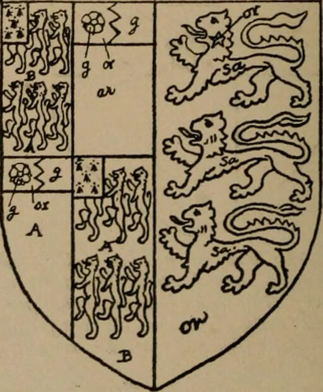 An illustration from The four visitations of Berkshire made and taken by Thomas Benolte, Clarnceuc, anno 1532; by William Harvey, Clarnceux, anno 1566; by Henry Chiting, Chester herald, and John Philipott, Rouge dragon, for William Camden, Clarenceux, anno 1623; and by Elias Ashmole, Windsor herald, for Sir Edward Bysshe, Clarenceux, anno 1665-66, 1907, leaf 26