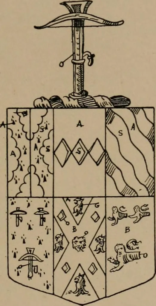 An illustration from The four visitations of Berkshire made and taken by Thomas Benolte, Clarnceuc, anno 1532; by William Harvey, Clarnceux, anno 1566; by Henry Chiting, Chester herald, and John Philipott, Rouge dragon, for William Camden, Clarenceux, anno 1623; and by Elias Ashmole, Windsor herald, for Sir Edward Bysshe, Clarenceux, anno 1665-66, 1907, leaf 261
