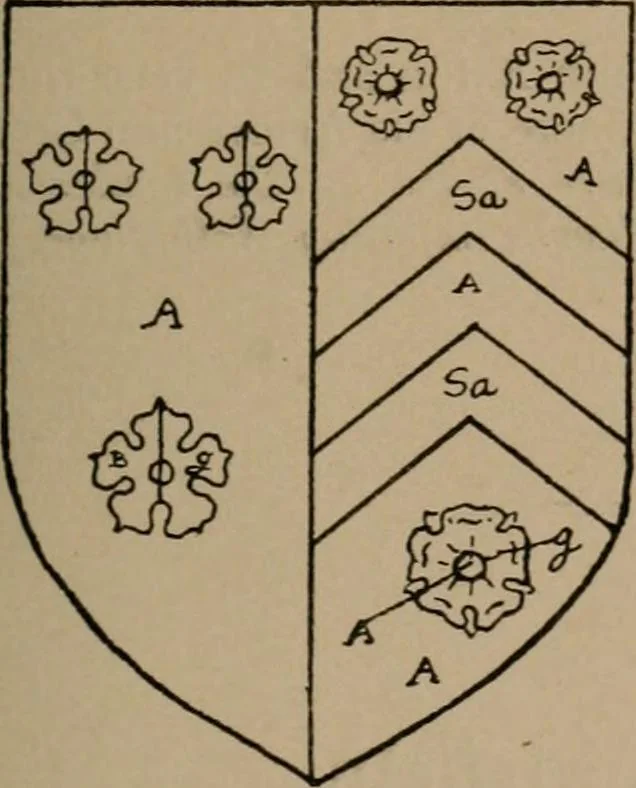 An illustration from The four visitations of Berkshire made and taken by Thomas Benolte, Clarnceuc, anno 1532; by William Harvey, Clarnceux, anno 1566; by Henry Chiting, Chester herald, and John Philipott, Rouge dragon, for William Camden, Clarenceux, anno 1623; and by Elias Ashmole, Windsor herald, for Sir Edward Bysshe, Clarenceux, anno 1665-66, 1907, leaf 27