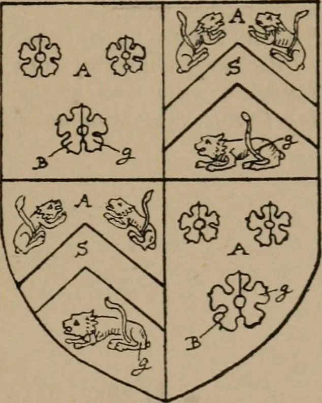 An illustration from The four visitations of Berkshire made and taken by Thomas Benolte, Clarnceuc, anno 1532; by William Harvey, Clarnceux, anno 1566; by Henry Chiting, Chester herald, and John Philipott, Rouge dragon, for William Camden, Clarenceux, anno 1623; and by Elias Ashmole, Windsor herald, for Sir Edward Bysshe, Clarenceux, anno 1665-66, 1907, leaf 27