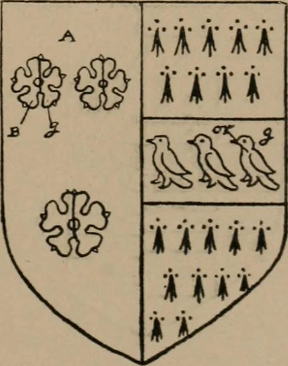 An illustration from The four visitations of Berkshire made and taken by Thomas Benolte, Clarnceuc, anno 1532; by William Harvey, Clarnceux, anno 1566; by Henry Chiting, Chester herald, and John Philipott, Rouge dragon, for William Camden, Clarenceux, anno 1623; and by Elias Ashmole, Windsor herald, for Sir Edward Bysshe, Clarenceux, anno 1665-66, 1907, leaf 27