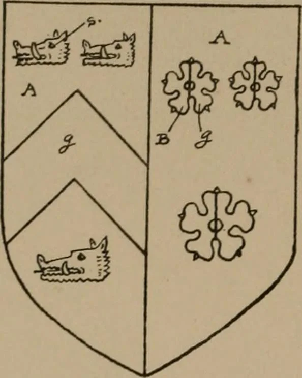 An illustration from The four visitations of Berkshire made and taken by Thomas Benolte, Clarnceuc, anno 1532; by William Harvey, Clarnceux, anno 1566; by Henry Chiting, Chester herald, and John Philipott, Rouge dragon, for William Camden, Clarenceux, anno 1623; and by Elias Ashmole, Windsor herald, for Sir Edward Bysshe, Clarenceux, anno 1665-66, 1907, leaf 28