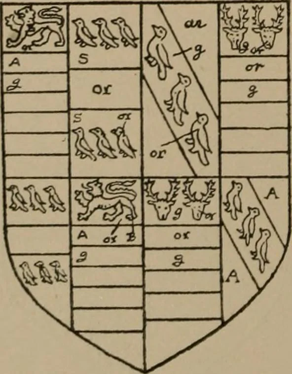 An illustration from The four visitations of Berkshire made and taken by Thomas Benolte, Clarnceuc, anno 1532; by William Harvey, Clarnceux, anno 1566; by Henry Chiting, Chester herald, and John Philipott, Rouge dragon, for William Camden, Clarenceux, anno 1623; and by Elias Ashmole, Windsor herald, for Sir Edward Bysshe, Clarenceux, anno 1665-66, 1907, leaf 28